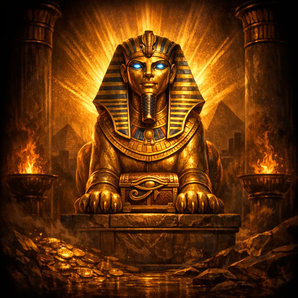 Glowing golden sphinx against a deep navy desert sky with atmospheric light and ancient Egyptian details