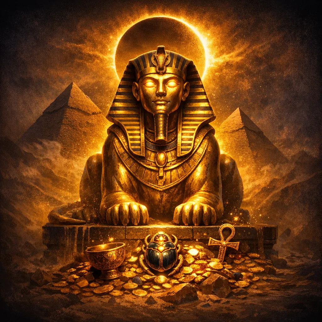Glowing golden sphinx statue emerging from the deep navy shadows of an ancient Egyptian temple