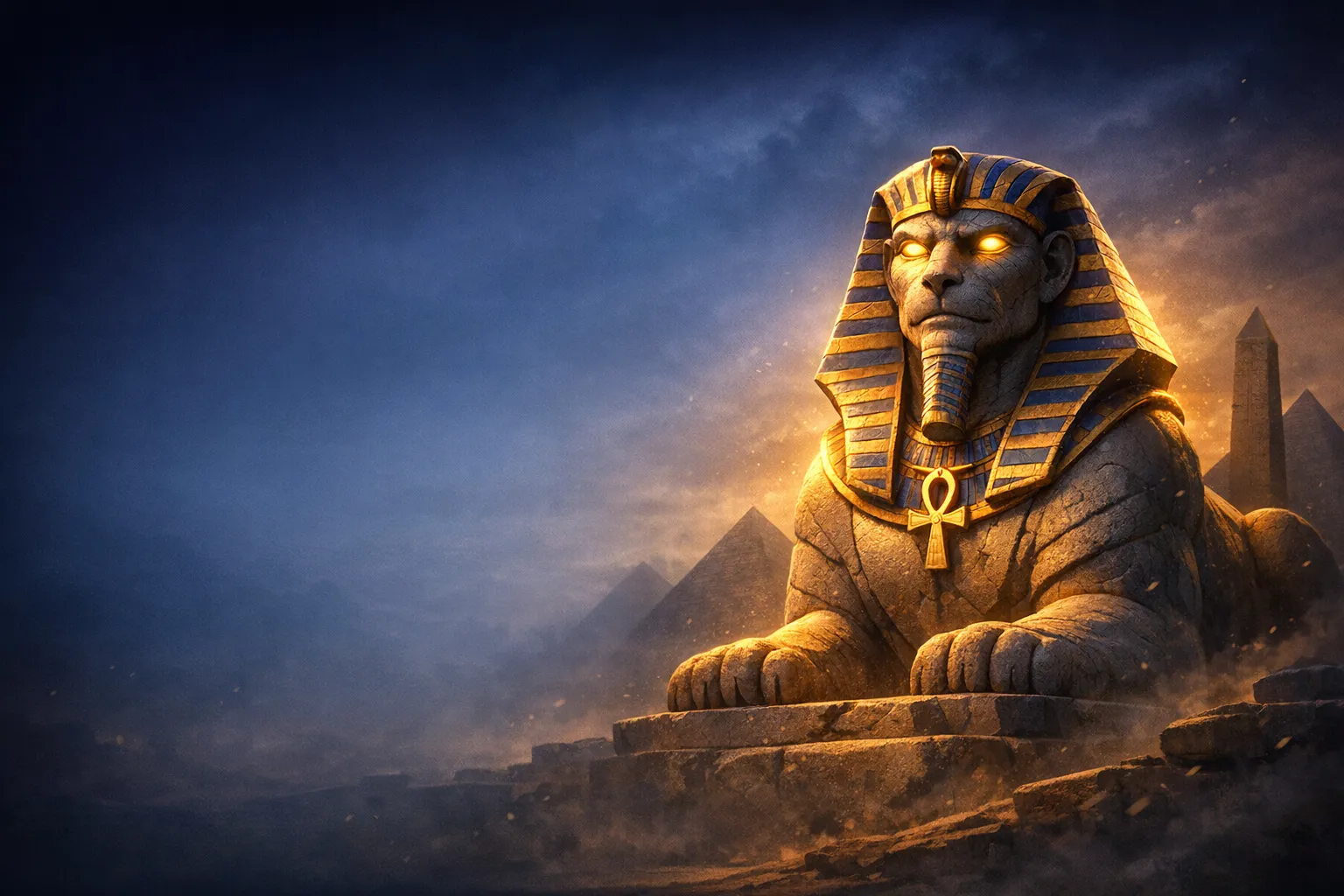 Golden sphinx in a cinematic moonlit Egyptian desert, positioned right with dark blue space on the left.