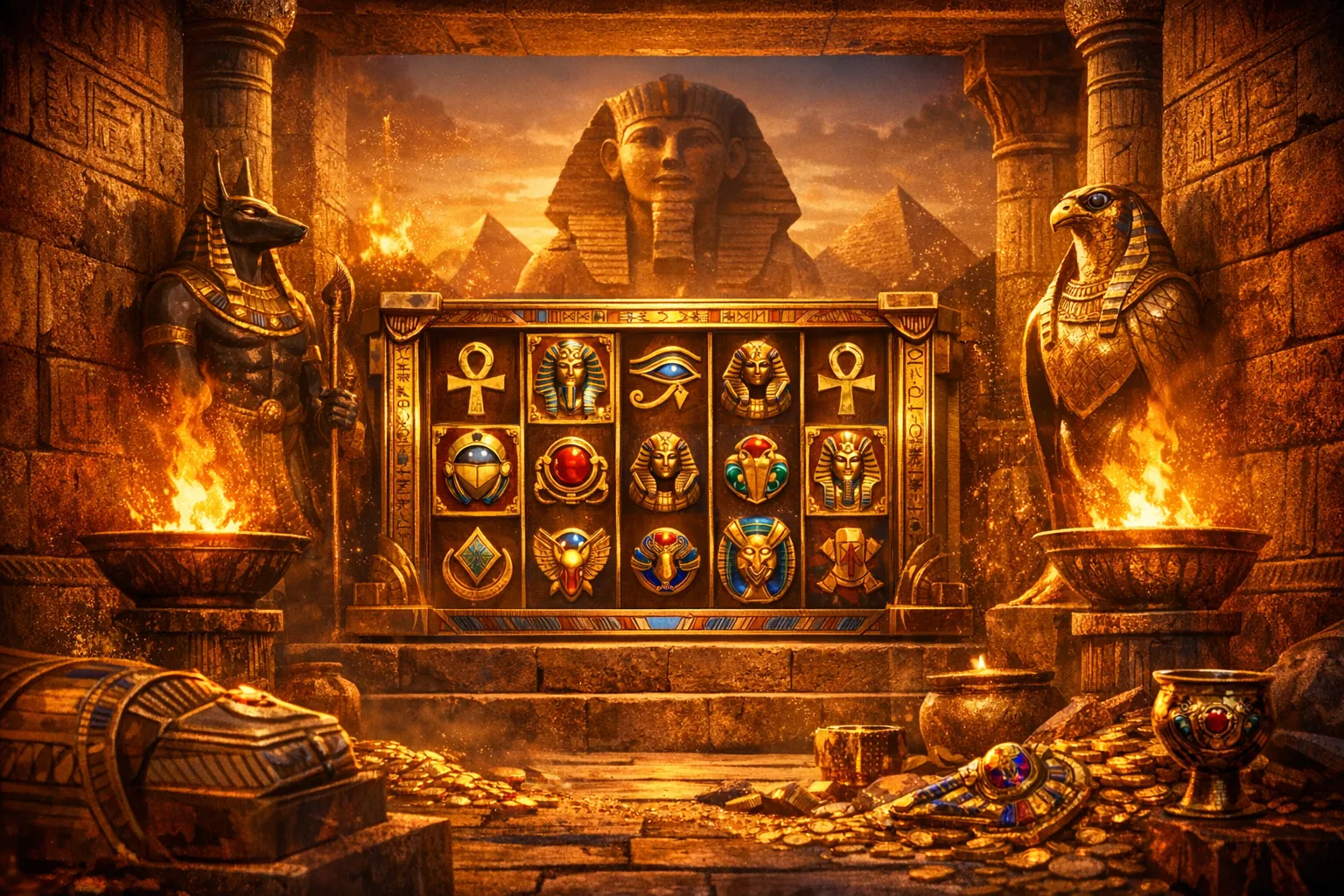 Cinematic preview of Riddle of the Sphinx slot featuring golden reels in a torch-lit Egyptian temple with glowing hieroglyphs